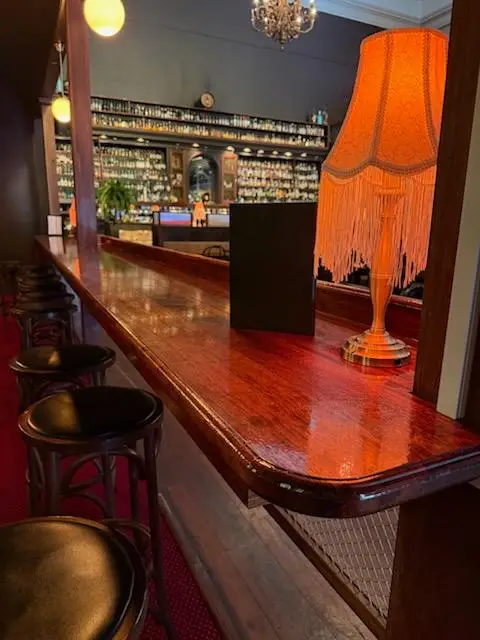 Polished timber bar top with bentwood stools and a mesh infill panel below the counter